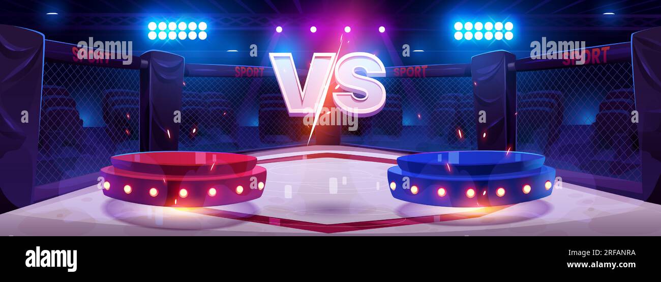 Versus concept - podiums rouges et bleus sur ring de boxe avec signe VS. Illustration vectorielle de dessin animé de deux stands de confrontation sportive et de compétition. Fond horizontal - bannière de bataille de jeu. Illustration de Vecteur