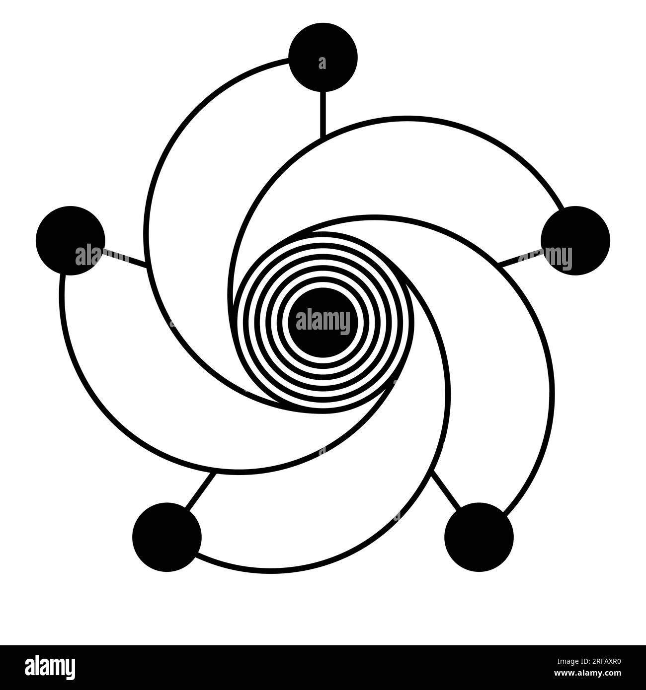 Pentagramme et spirale avec des cercles. Étoile à cinq branches, composée de 5 cercles, reliée à un sixième cercle au centre. Modélisé sur un motif de cercle de recadrage. Banque D'Images