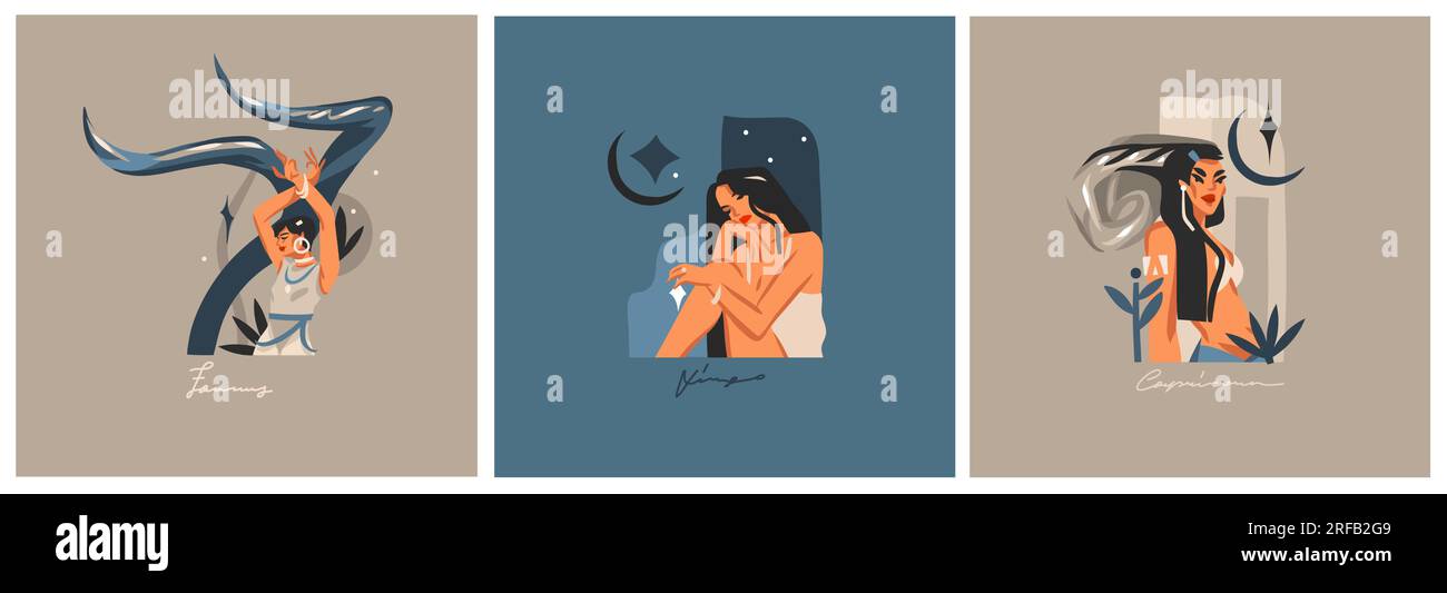 Illustrations graphiques abstraites vectorielles dessinées à la main avec ensemble de collection de symboles de signes de terre contemporains astrologiques du zodiaque, femme Boho magique Illustration de Vecteur