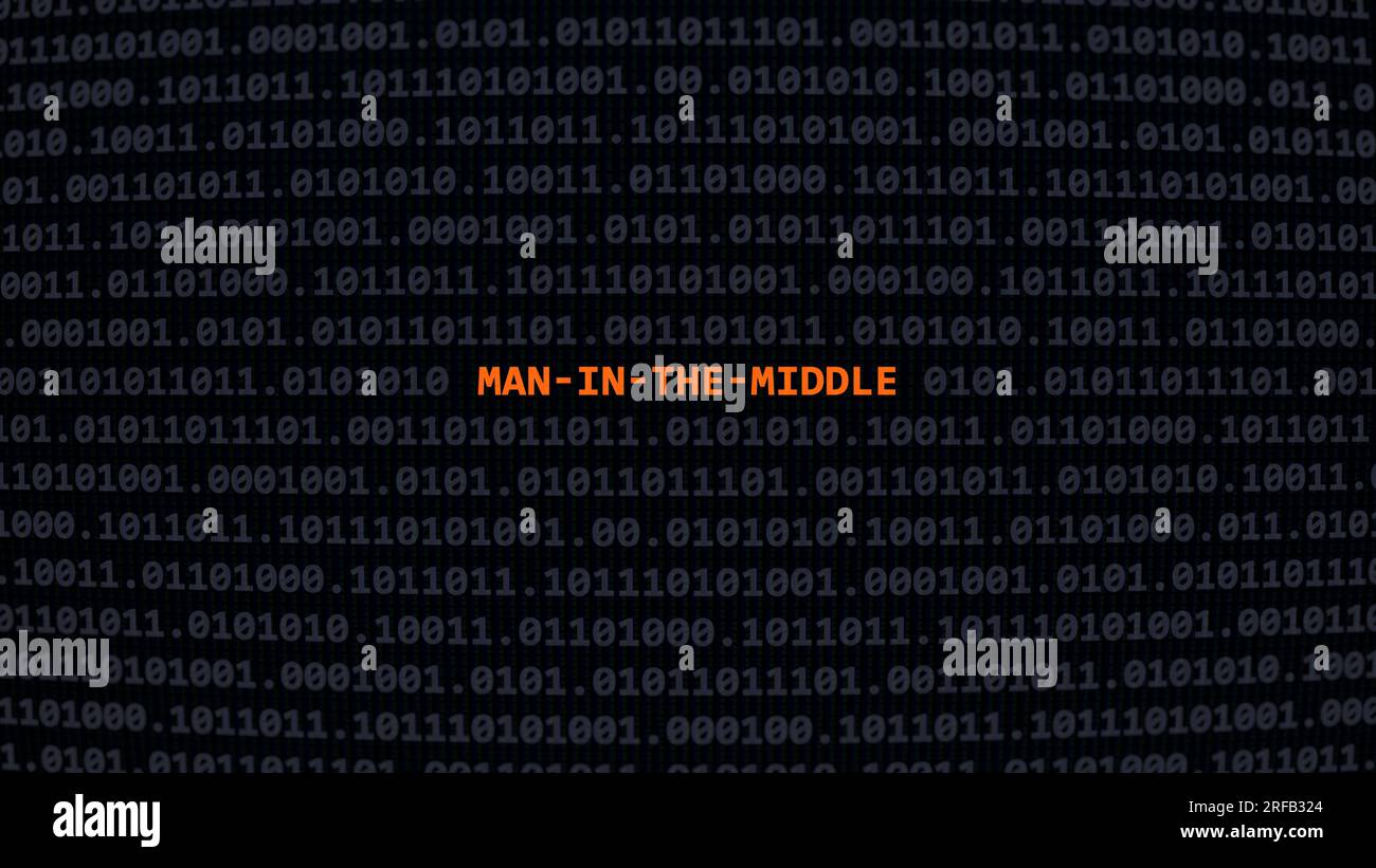 Cyber-attaque homme-du-milieu. Texte de vulnérabilité dans le système binaire ascii art style, code sur l'écran de l'éditeur. Texte en anglais, texte anglais Banque D'Images