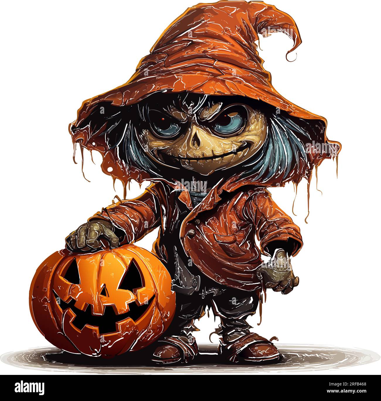vecteur halloween squelette homme avec les cheveux bleus. jack o lanterne souriante. squelette en colère avec illustration vectorielle de costume orange sur fond blanc Illustration de Vecteur