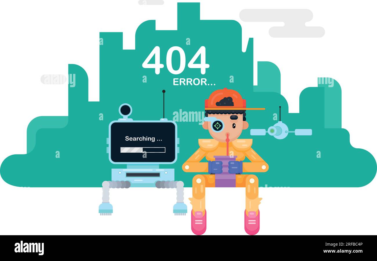 404 modèle de page d'erreur. garçon assis avec un bot buvant un smoothie. message d'erreur de site web, illustration vectorielle Illustration de Vecteur