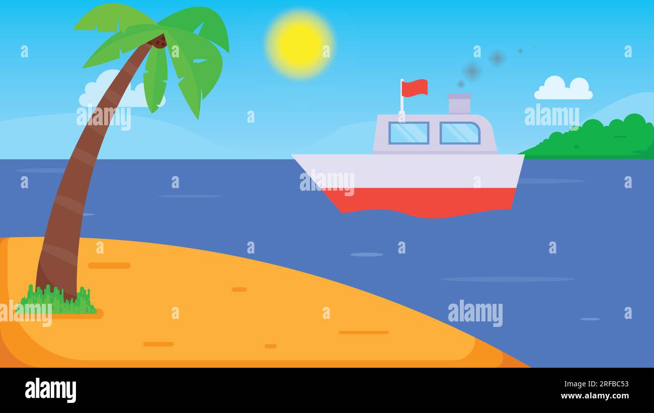 Bateau à vapeur sur la mer avec le fond du ciel avec des nuages, le soleil et une île. illustration vectorielle Illustration de Vecteur