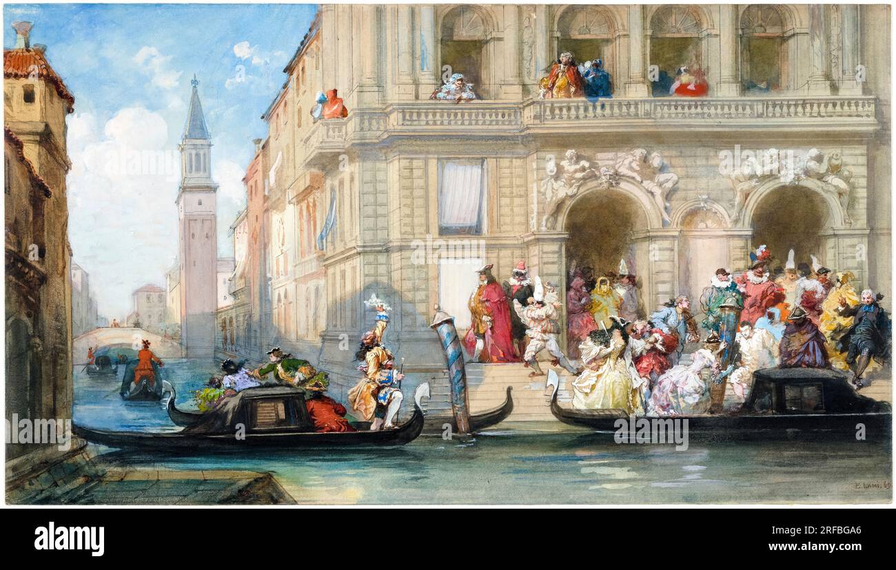 Eugène Lami, Masqueraders embarquement des gondoles devant un Palazzo vénitien, peinture à l'aquarelle et à la gouache, 1869 Banque D'Images