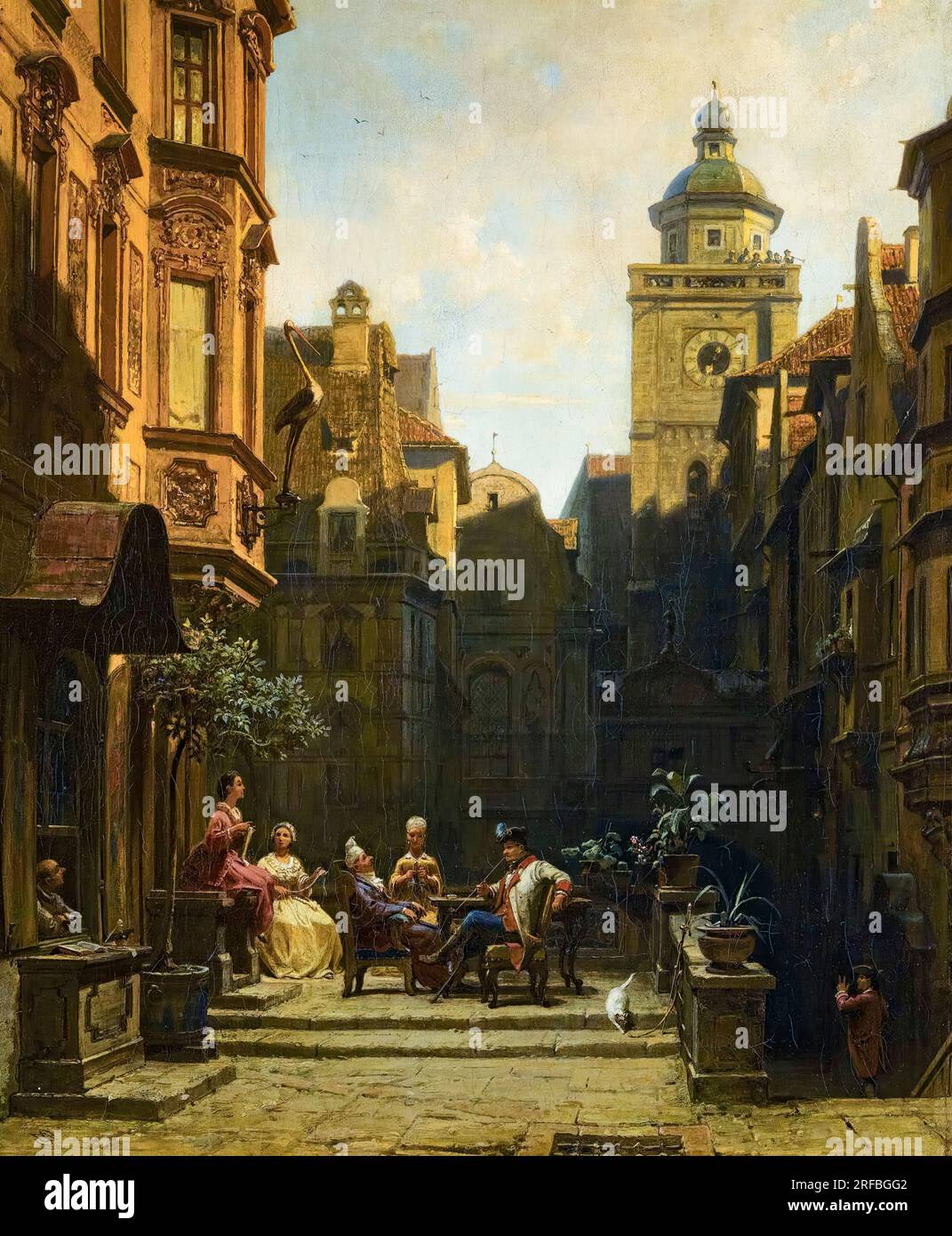 Carl Spitzweg, Die Plauderstunde (Un bon commérage), peinture à l'huile sur toile, avant 1885 Banque D'Images