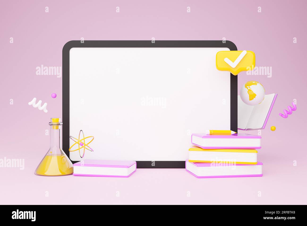 Tablette écran blanc sur fond rose avec icônes éducatives, collage Banque D'Images