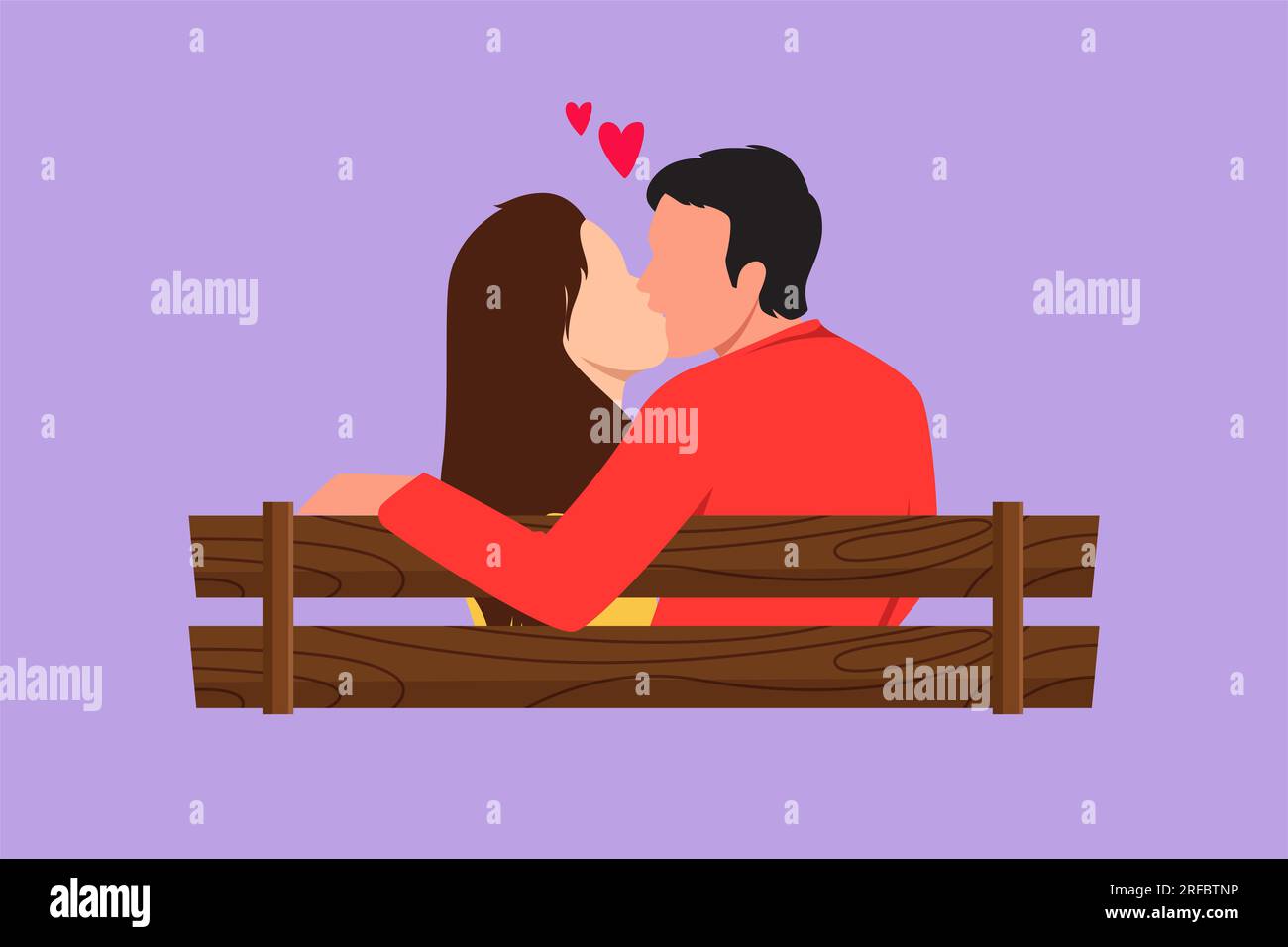 Graphique design plat dessin vue arrière de couple romantique doux baiser assis sur le banc au parc dans un paysage magnifique. Heureux gars et jolie fille Relati Banque D'Images