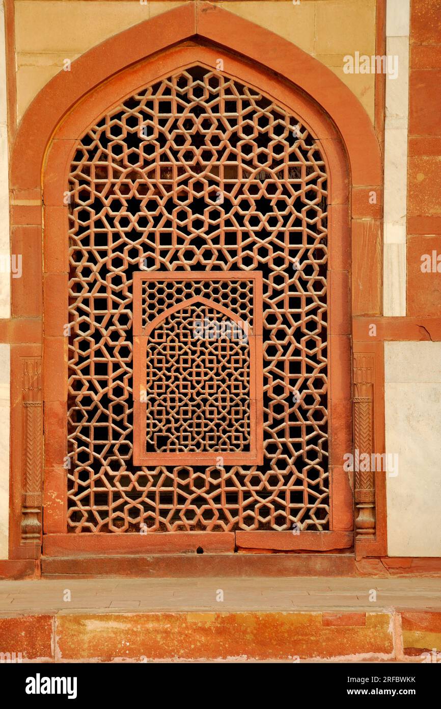 Jali décoratif de windows, Tombe de Humayun, Delhi, Inde Banque D'Images