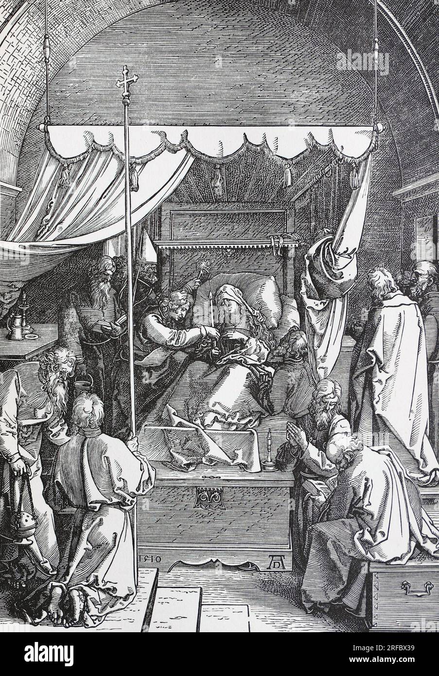 La Bienheureuse Vierge Marie sur son lit de mort, d'après Albrecht Dürer. Banque D'Images
