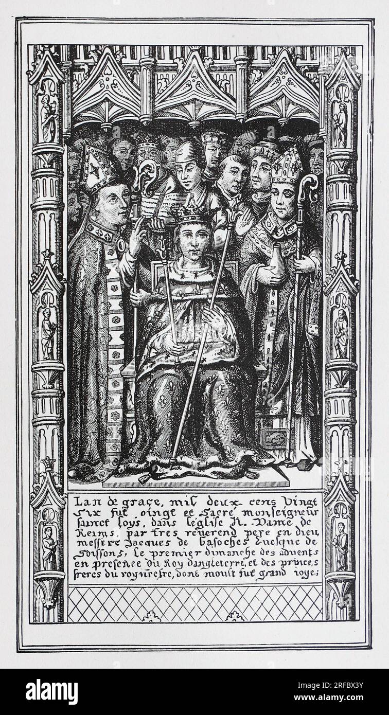 Couronnement de Saint Louis, roi Louis IX de France, à Reims. Gravure de vies des Saints par Sabin Baring-Gould. Banque D'Images