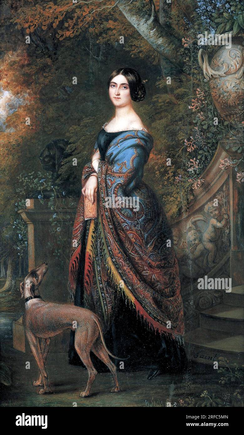 Dame au lévrier du miniaturiste français Daniel Saint (1778-1847), aquarelle sur ivoire, vers 1842 Banque D'Images