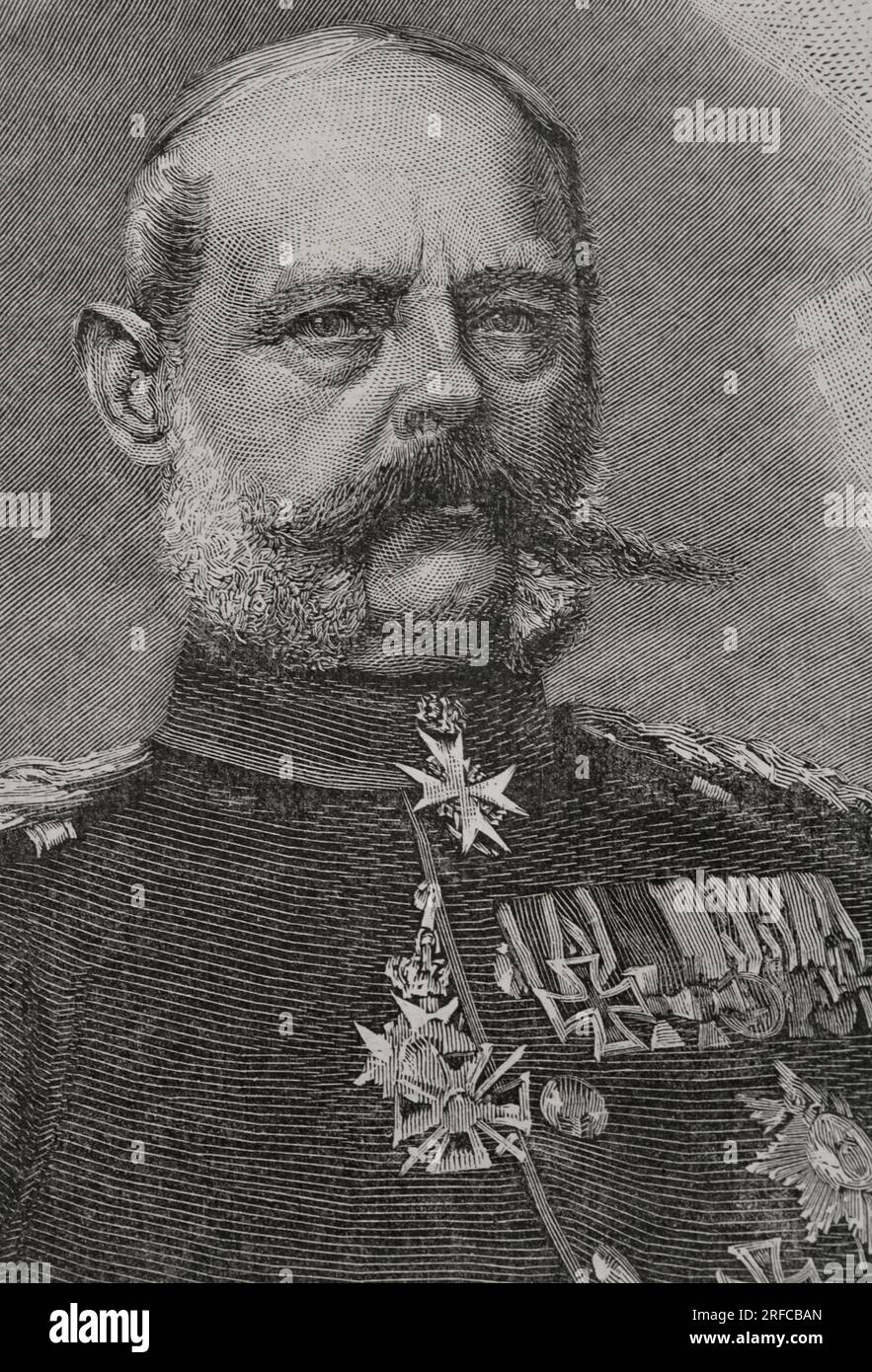 Alexander August Wilhelm von Pape (1813-1895). Colonel général de l'infanterie royale prussienne avec le grade spécial de Generalfeldmarschall. Portrait. Gravure. Détails. Historia de la Guerra Franco-Alemana de 1870-1871. Publié à Barcelone, 1891. Banque D'Images
