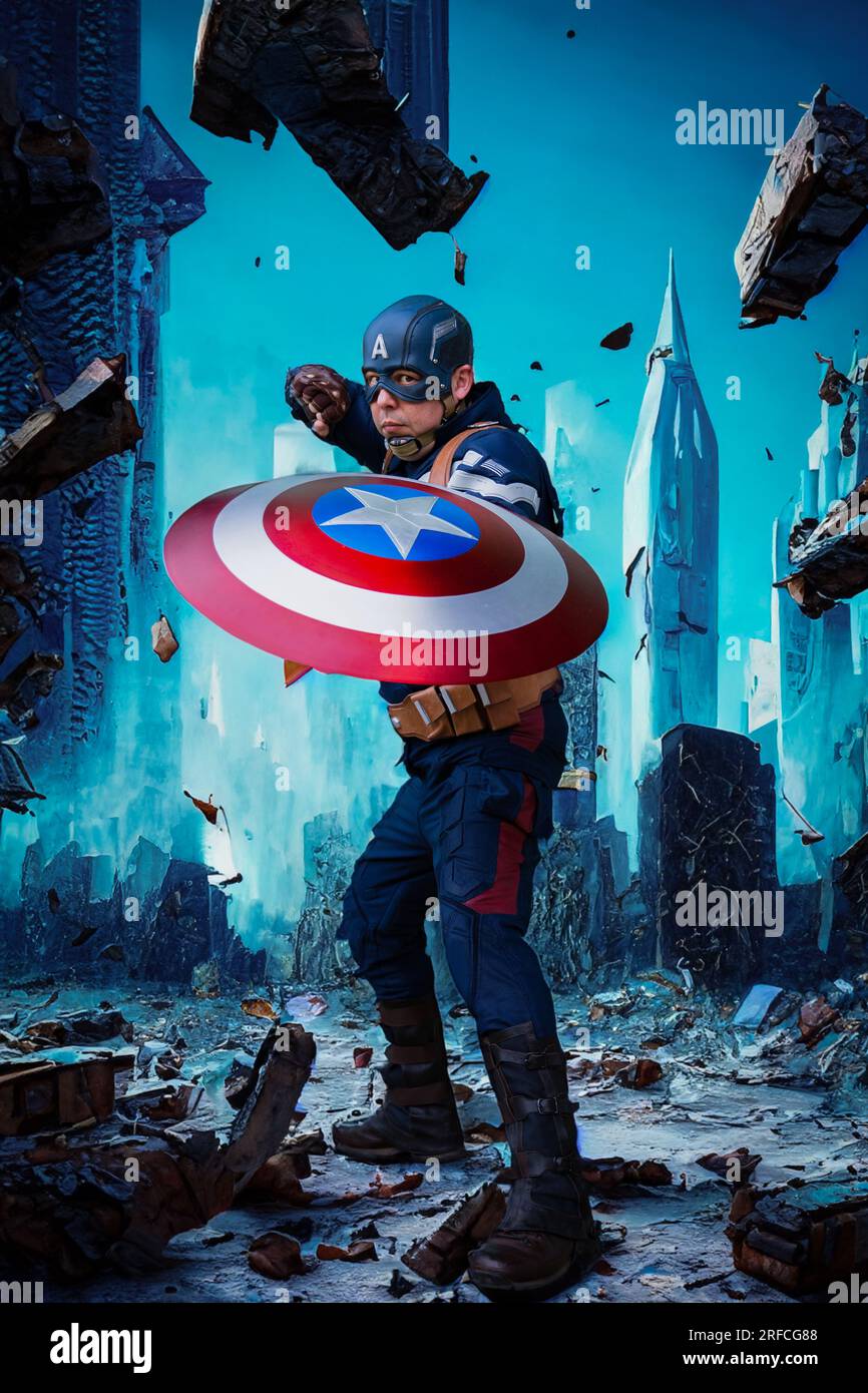 HARROGATE, ROYAUME-UNI - 3 JUIN 2023. Un cosplayer masculin portant un costume de Captain America avec bouclier dans une posture de combat et un arrière-plan de ville ruiné Banque D'Images