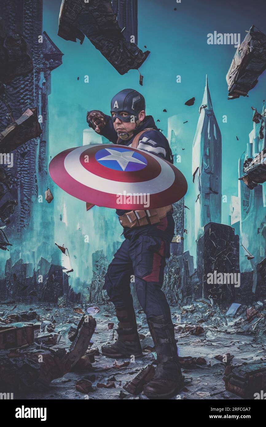 HARROGATE, ROYAUME-UNI - 3 JUIN 2023. Un cosplayer masculin portant un costume de Captain America avec bouclier dans une posture de combat et un arrière-plan de ville ruiné Banque D'Images