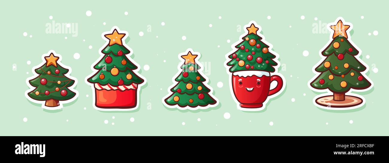 Ensemble de stickers de Noël arbre, pain d'épice, caractères de tasse de cacao. Illustration vectorielle dans le style de bande dessinée pour Noël Illustration de Vecteur