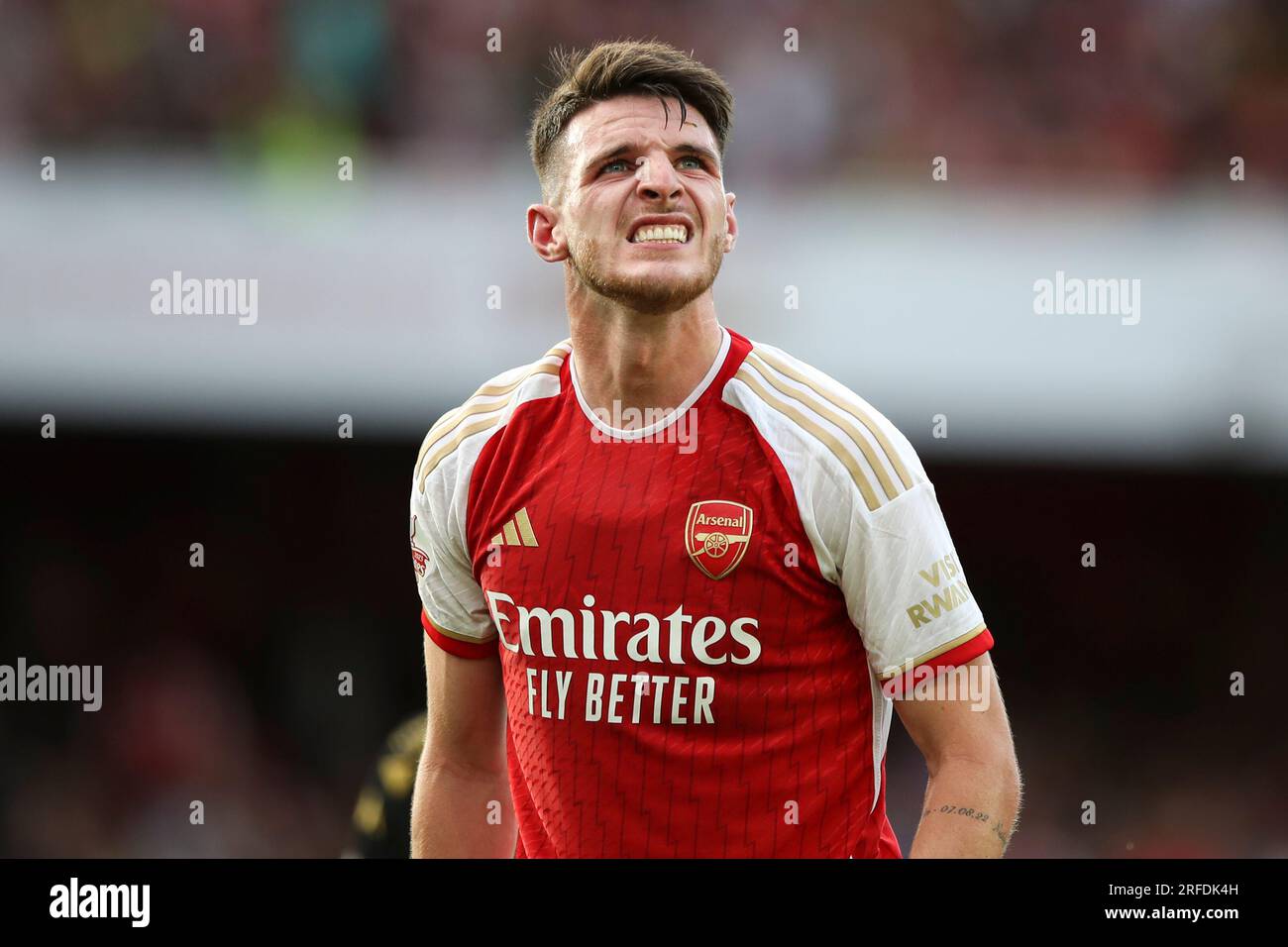 Declan Rice d'Arsenal réagit lors du match de la coupe Emirates entre Arsenal et L'AS Monaco au Emirates Stadium, Londres, le mercredi 2 août 2023. (Photo : Tom West | MI News) crédit : MI News & Sport / Alamy Live News Banque D'Images