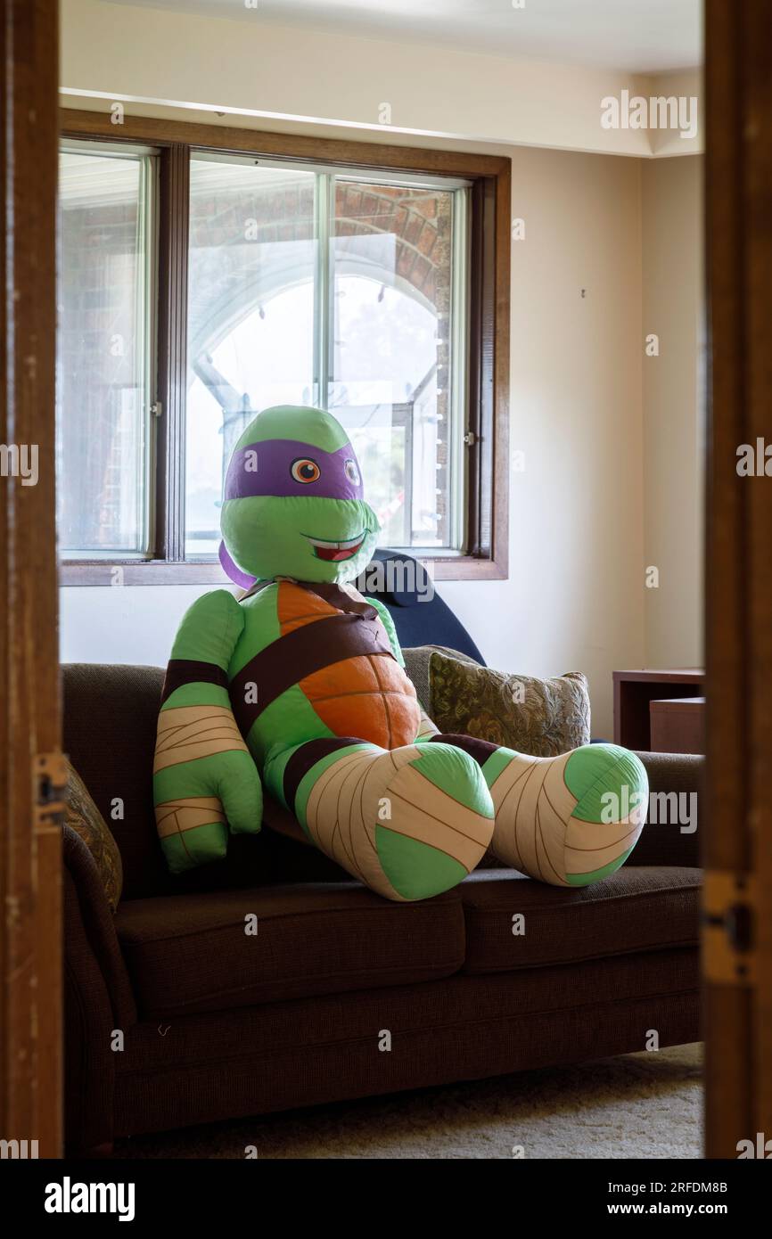 Un jouet en peluche Donatello Teenage mutant Ninja Turtle assis droit sur un canapé. Banque D'Images