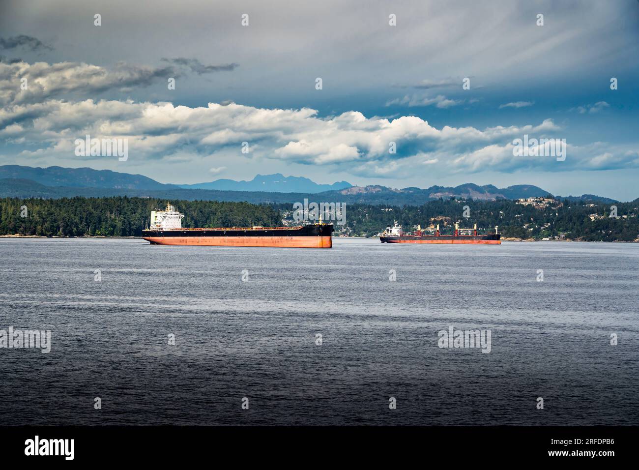 Des cargos et des porte-conteneurs vides ont été amarrés au large de la côte de l'île de Vancouver en attendant d'être chargés pendant la grève des travailleurs du port de la Colombie-Britannique à Nanaimo, en Colombie-Britannique. Banque D'Images