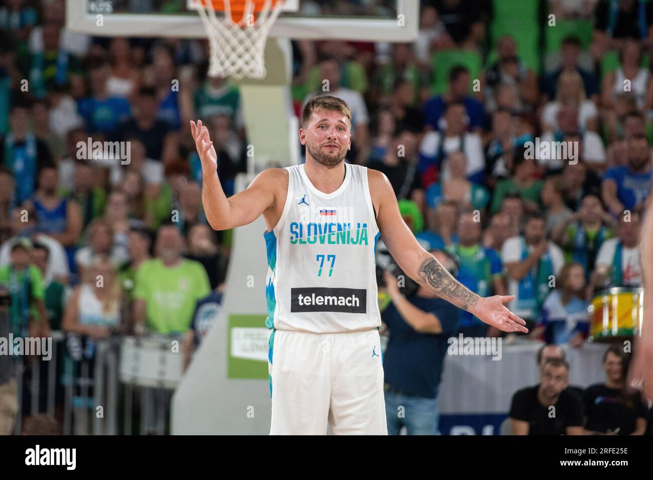 Ljubljana, Slovénie. 02 août 2023. Luka Doncic de Slovénie réagit lors du  match amical international de basket-ball entre la Slovénie et la Grèce à  l'Arena Stozice. Score final ; Slovénie 91 :
