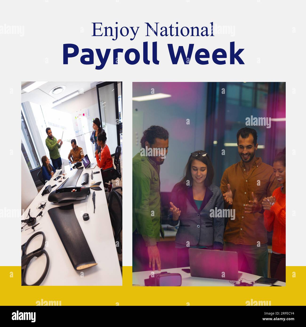 Profitez du texte de la semaine nationale de paie avec divers collègues heureux dans un bureau occasionnel Banque D'Images