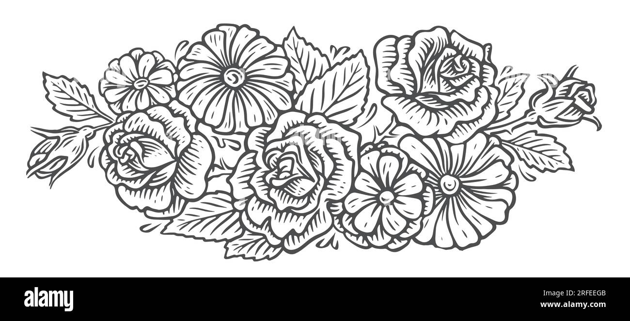 Fleurs. Fleurs sauvages avec des feuilles dessinées dans le style d'esquisse. Illustration vectorielle vintage d'esquisse de motif floral Illustration de Vecteur