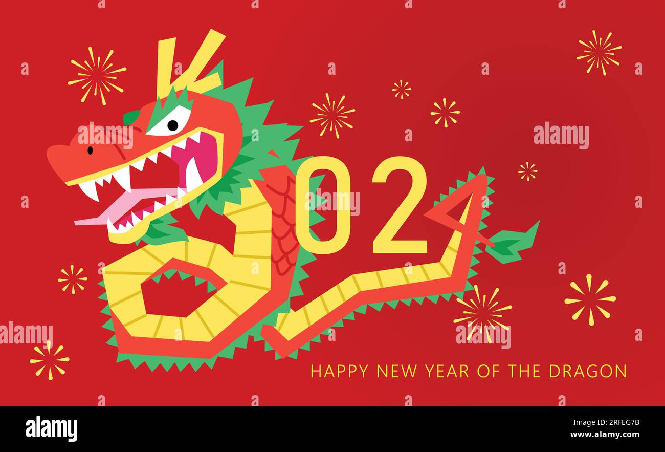 Bonne année de la conception de la carte de voeux dragon 2024. Drôle visage dragon volant formant les nombres 2024. Fond décoratif de feux d'artifice Illustration de Vecteur