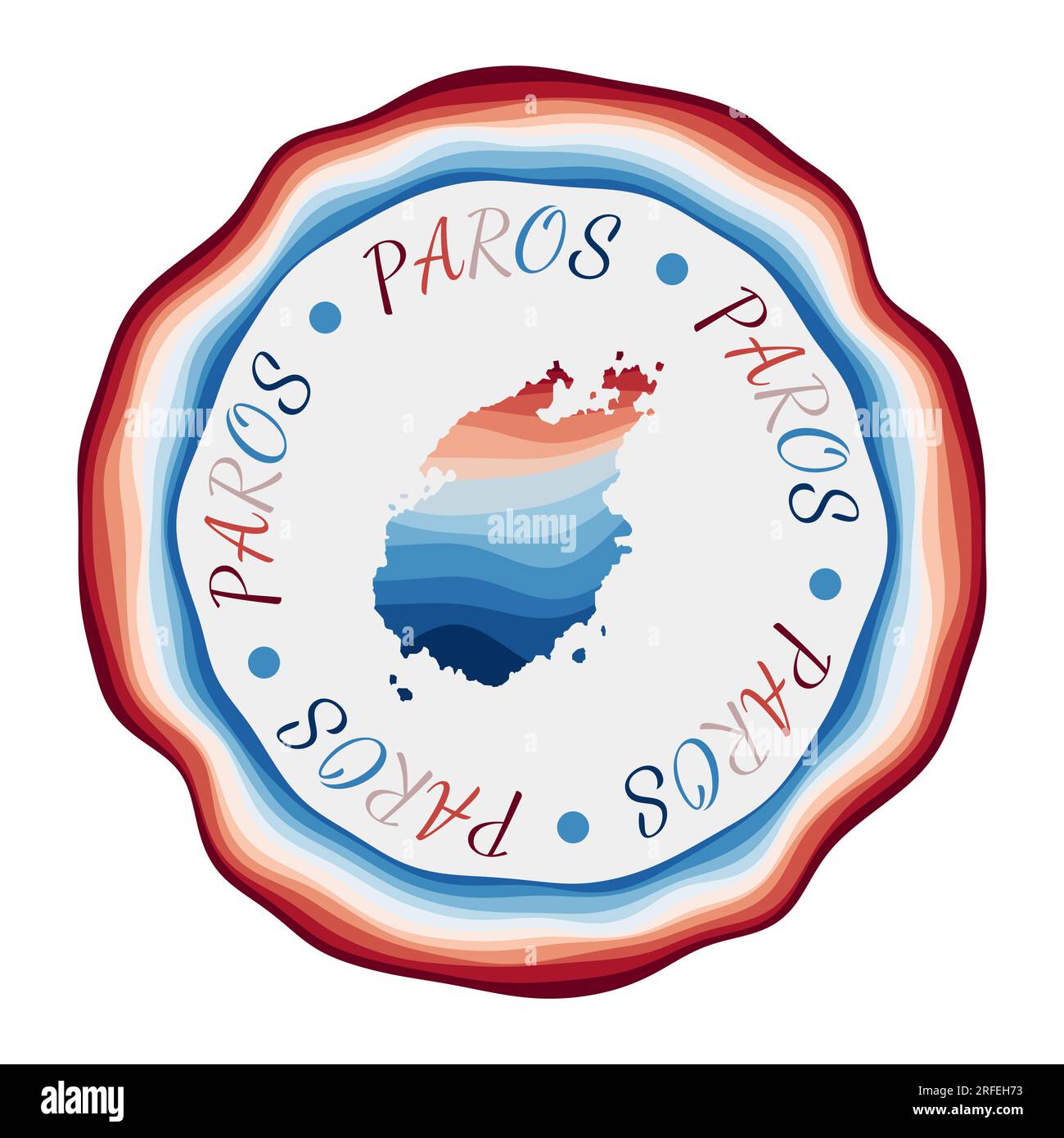 Badge Paros. Carte de l'île avec de belles vagues géométriques et un cadre bleu rouge vibrant. Logo Paros rond vif. Illustration vectorielle. Illustration de Vecteur