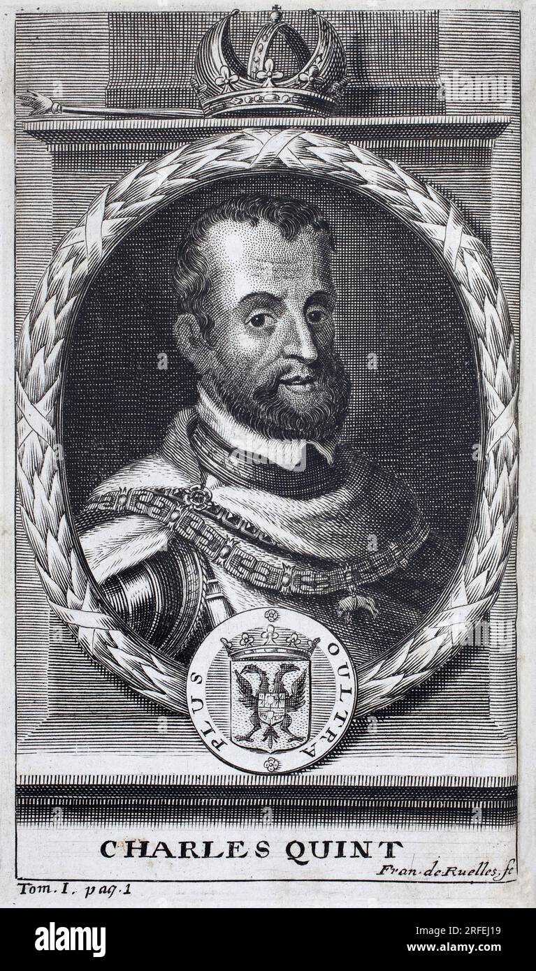 Portrait de Charles Quint (1500-1558), roi d'Espagne et de l'Amerique espagnole, roi de Sicile et empereur du Saint Empire Romain Germanique (1519-1556). Gravure pour illustrer 'histoire de la guerre de Flandre, de Flamianus Strada, édition Joseph T'Serstevens, 1712, Bruxelles (Belgique). Banque D'Images