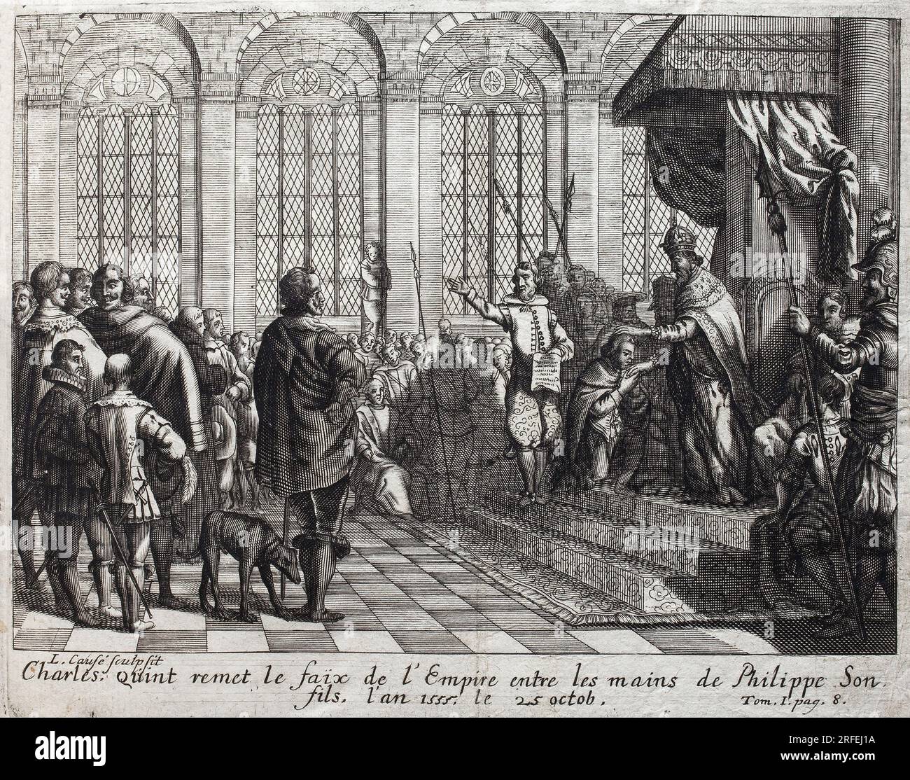 Charles Quint (1500-1558) remet le faix de l'Empire entre les mains de Philippe II (Felipe) (1527-1598), son fils, le 25 octobre 1555. Gravure pour illustrer 'histoire de la guerre de Flandres, de Flamianus Strada, édition Joseph T'Serstevens, 1712, Bruxelles (Belgique). Banque D'Images