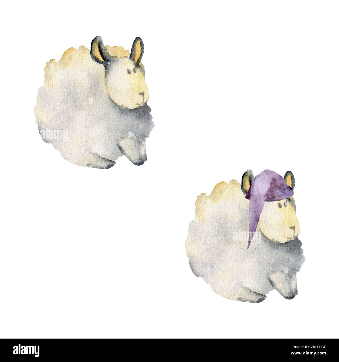 Illustration dessinée à la main à l'aquarelle, mignon mignon magique bébés moutons en peluche, chapeaux de couchage, personnage de jouet de bande dessinée. Objet unique isolé sur blanc Banque D'Images