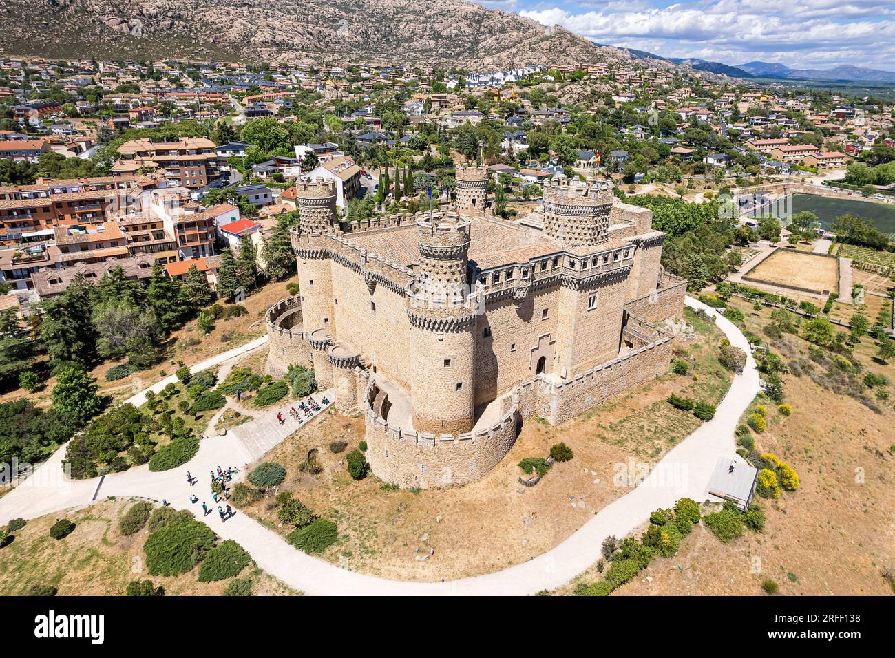 Espagne, Communauté de Madrid, Manzanares el Real, le château (vue aérienne) Banque D'Images