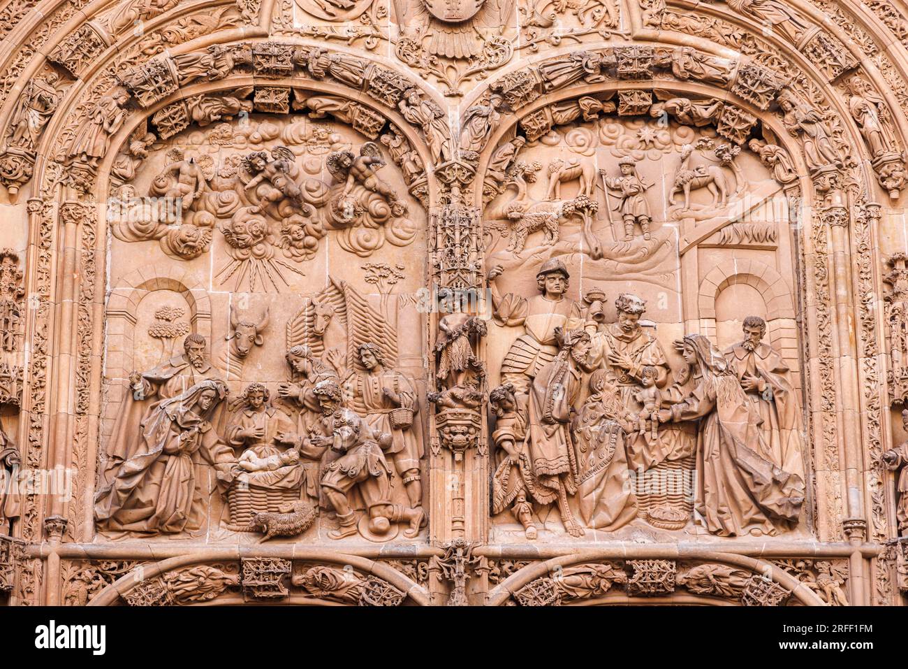 Espagne, Castille-et-Léon, Salamanque, vieille ville de Salamanque classée au patrimoine mondial de l'UNESCO, la Nouvelle cathédrale, les sculptures de la porte Banque D'Images