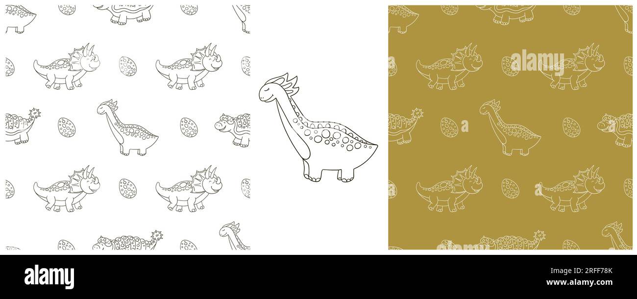 Définir un motif de dinosaure drôle pour enfants. Fond de vecteur de dinosaure de coloration. Tricératops. Impression pour tissu textile Illustration de Vecteur