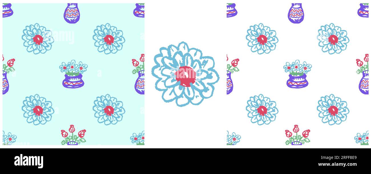 Motif floral sans couture. Placez les dessins avec des crayons de cire. Fleurs dans un vase. Impression pour la conception de tissu, textile Illustration de Vecteur