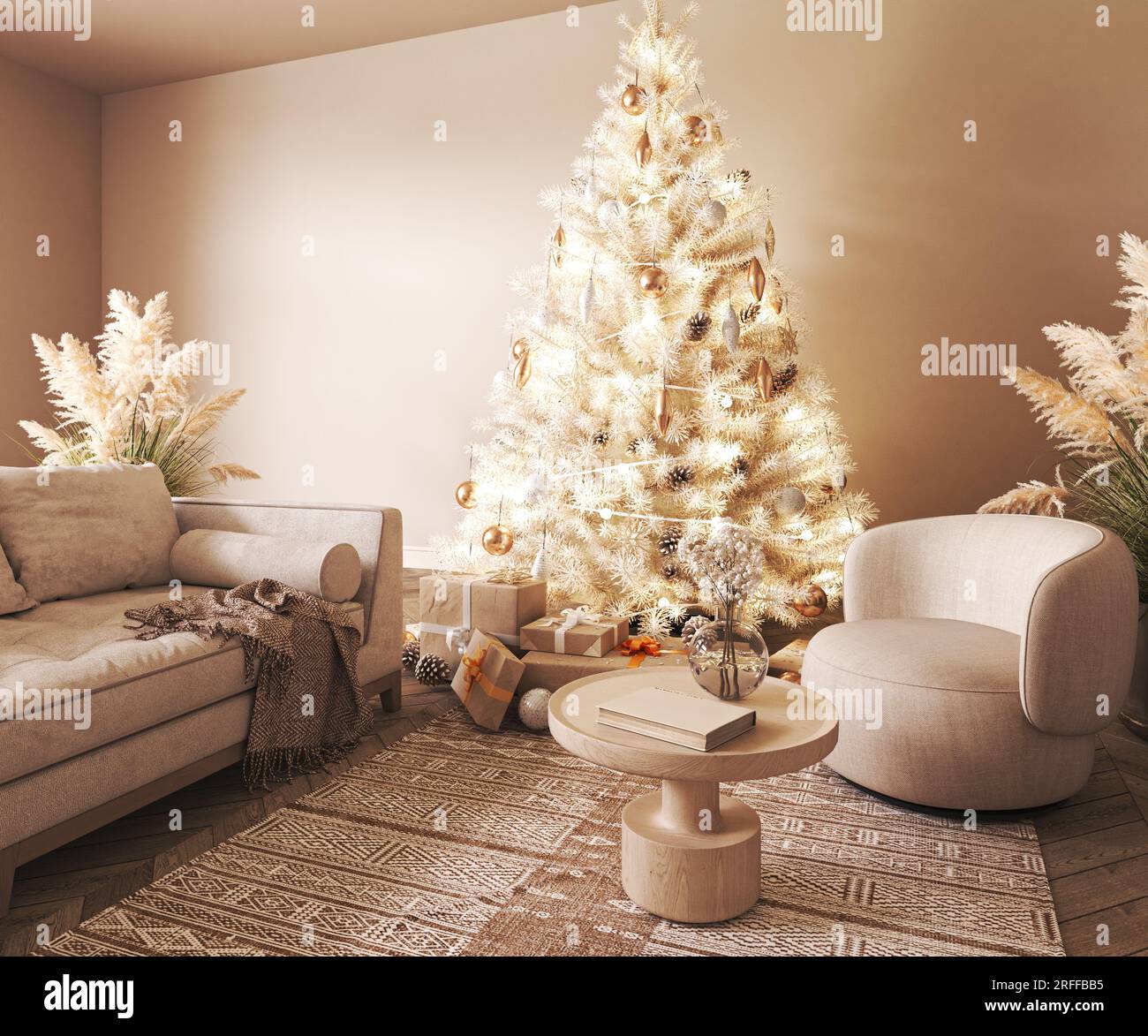 Salon contemporain classique beige foncé avec canapé et décor - fond de moquette. Grand sapin de Noël blanc japonais moderne et vue sur la nature. 3d Banque D'Images