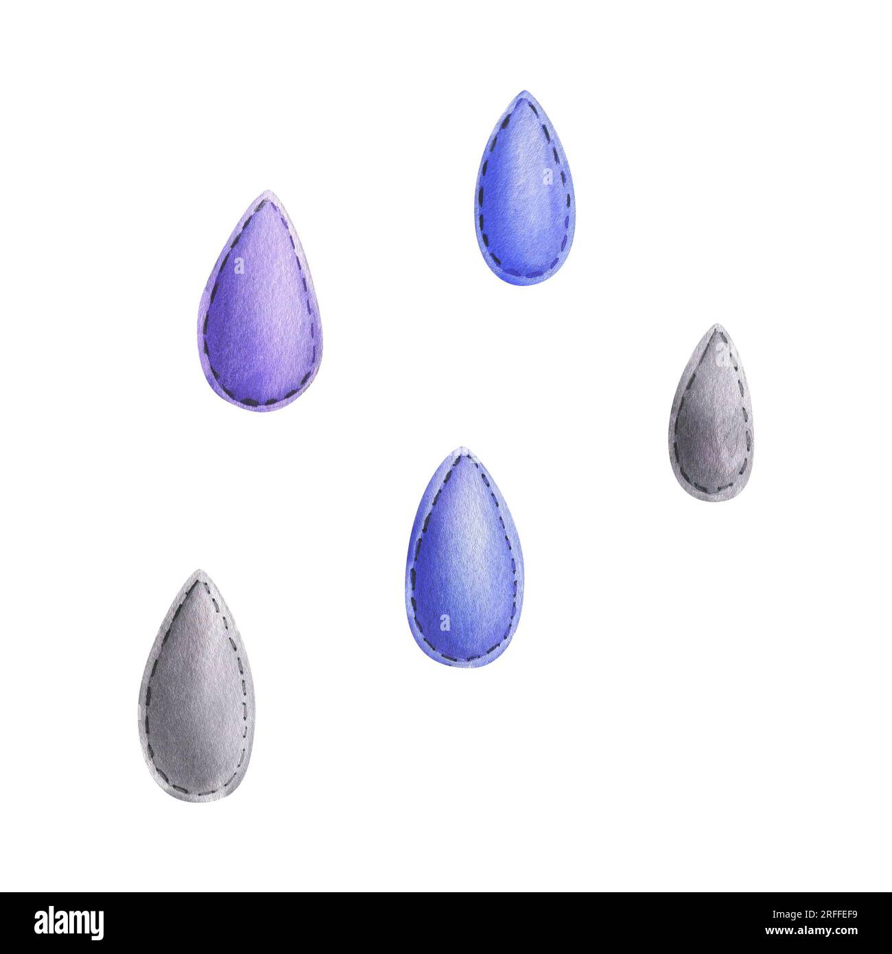 Gouttes de pluie bleues, lilas et grises cousues à partir de tissu avec des points de fil. Illustration à l'aquarelle, dessinée à la main. Ensemble d'objets isolés sur un blanc Banque D'Images