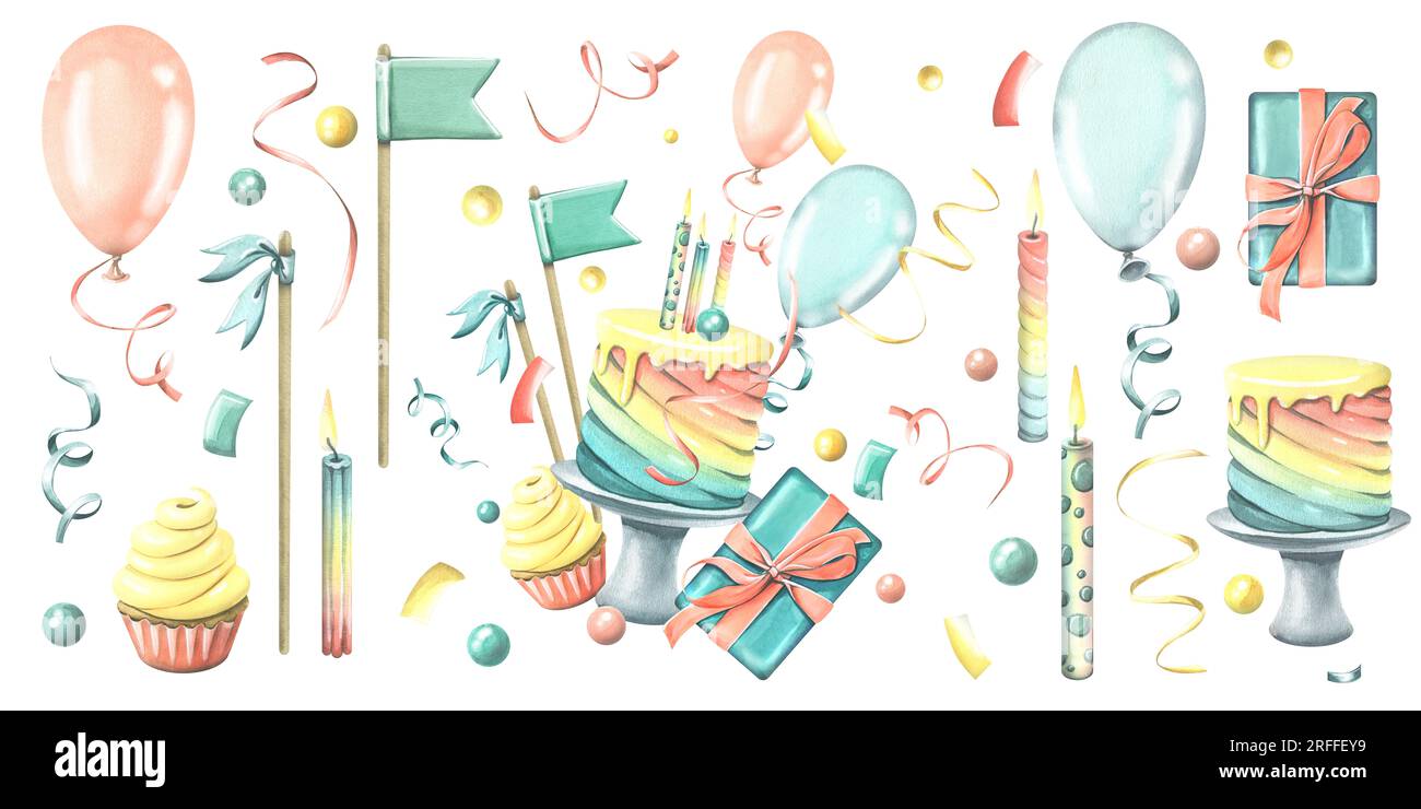 Gâteau arc-en-ciel festif avec bougies, drapeaux, boîte cadeau cupcake, ballons et confettis. Illustration à l'aquarelle. Set de la collection JOYEUX ANNIVERSAIRE. Activé Banque D'Images