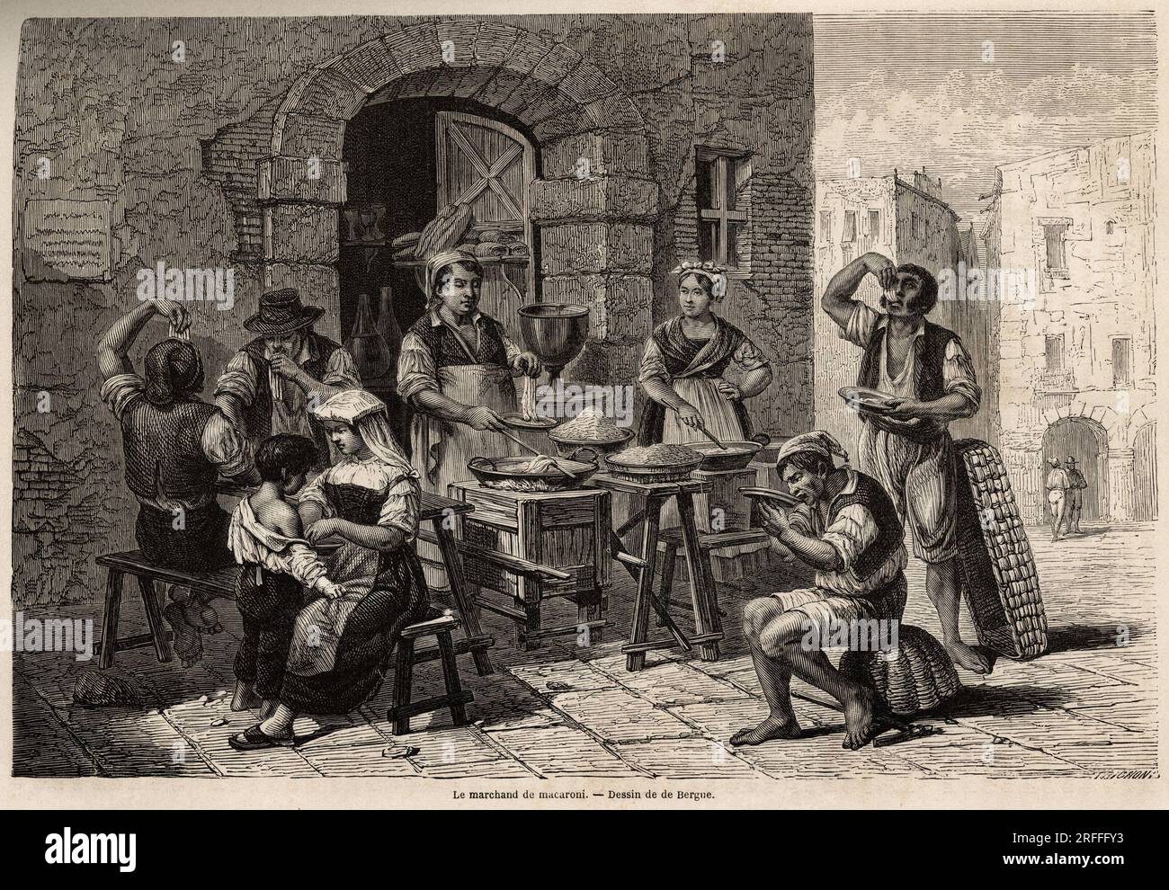 Le marchand de macaroni, dessin de Bergue, pour illustrateur Naples et les napolitains, en 1861, par Marc Monnier (1829-1885). Gravure dans 'le tour du monde' 1861. Banque D'Images