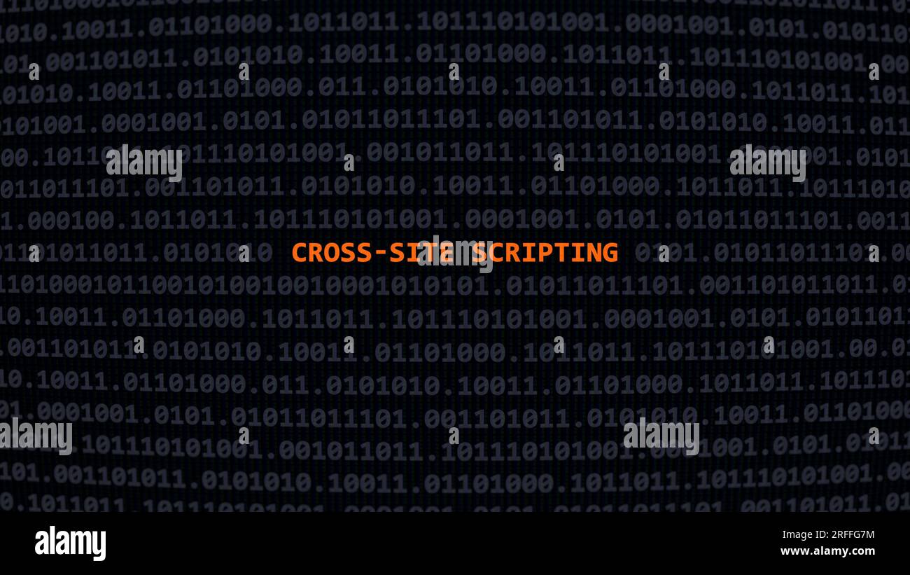 Script inter-sites de cyber-attaque. Texte de vulnérabilité dans le système binaire ascii art style, code sur l'écran de l'éditeur. Texte en anglais, texte anglais Banque D'Images