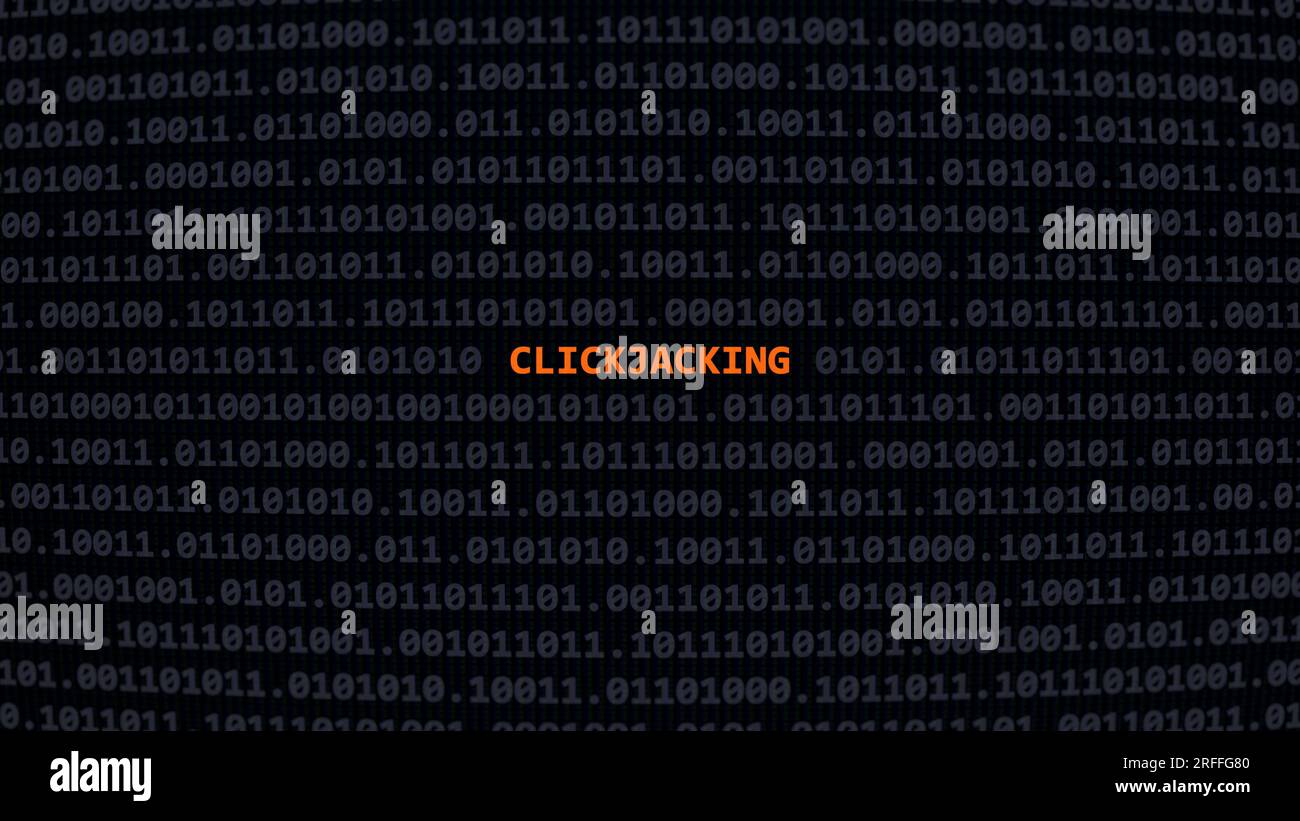 Cyber-attaque clickjacking. Texte de vulnérabilité dans le système binaire ascii art style, code sur l'écran de l'éditeur. Texte en anglais, texte anglais Banque D'Images