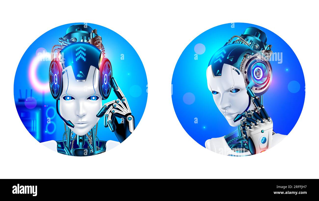 Robot avatar femme gpt chatbot. Icône ronde du visage de l'IA dans l'image humanoïde cyborg femelle. Logo du chat bot du support technique en ligne. casque avec m Illustration de Vecteur