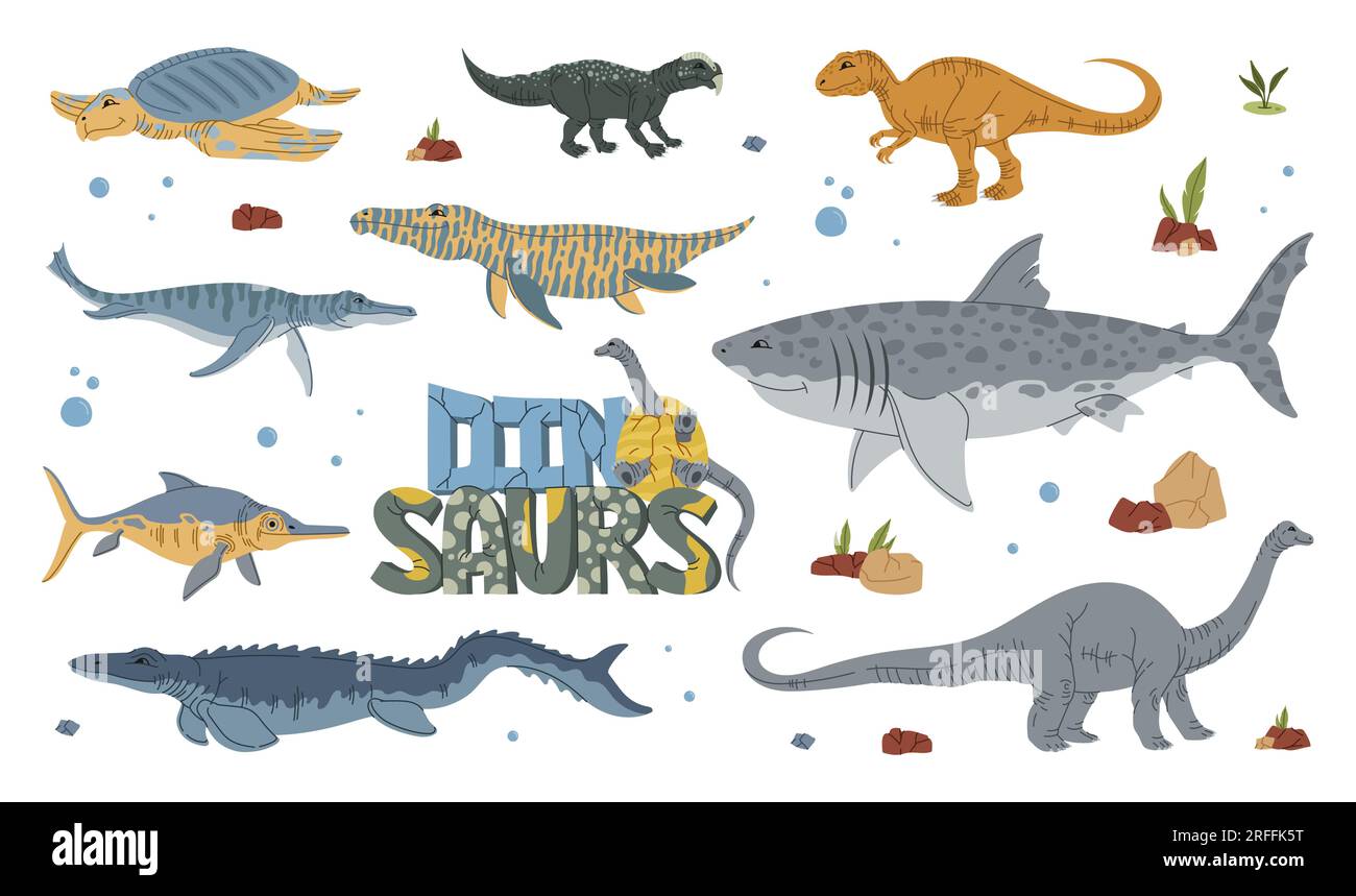 Personnages de dinosaures de dessin animé, Jurassic Park dino reptiles et lézards, vecteurs enfants monstres. Dinosaures et reptiles éteints du créatur aquatique Jurassique Illustration de Vecteur