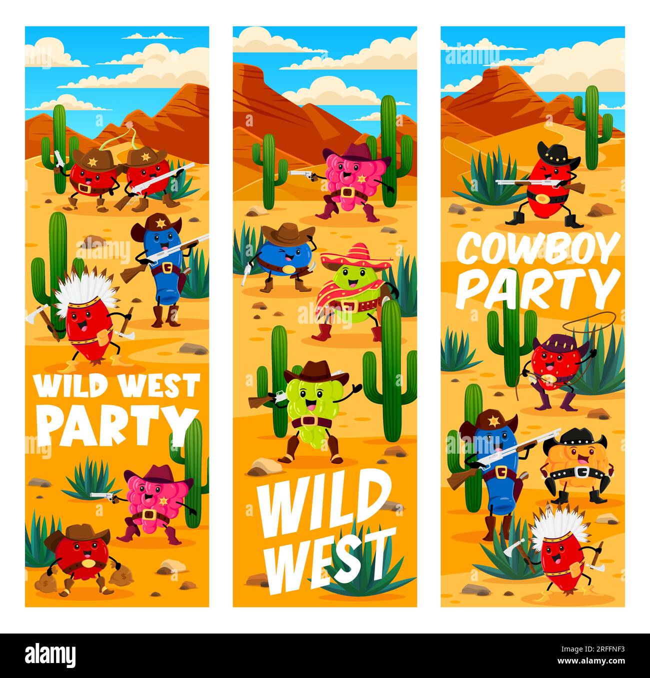 Désert de l'Ouest sauvage, dessin animé WESTERN Berry cowboy, shérif, ranger et personnages de bandit. Bannières de fête de vecteur avec canneberge drôle, miel, raisins a Illustration de Vecteur
