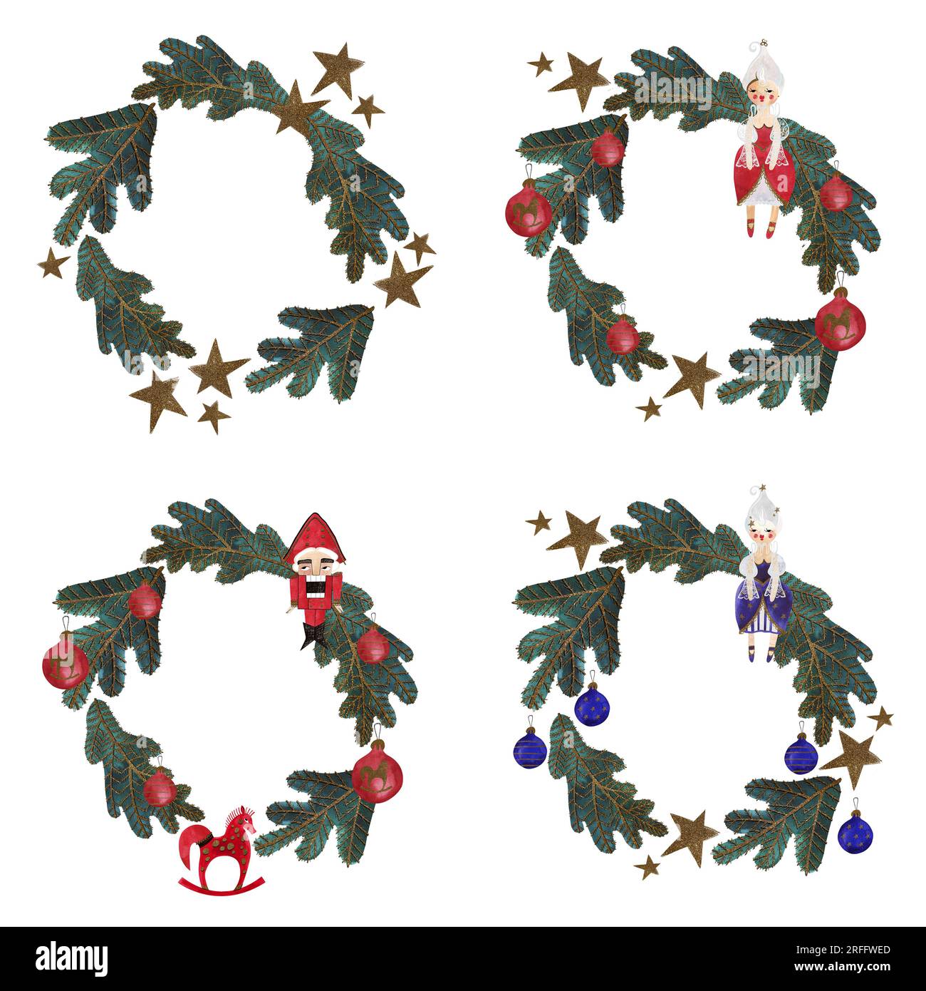 Ensemble de couronnes de noël aquarelle avec arbre de noël décoré, poupée, étoiles et casse-noisette. Carte de Noël. Jouet pour enfants. Un cadeau de Noël. Raste Banque D'Images