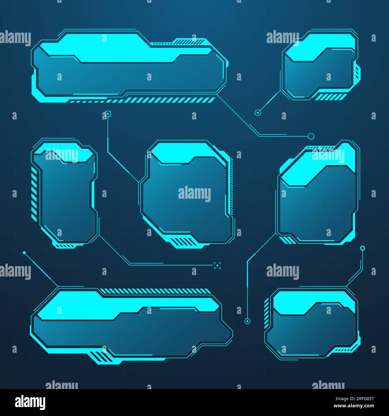 Éléments HUD ou UI futuristes bleus. Zones de texte et légendes de l'interface utilisateur SCI-fi. Cadres de message d'avertissement, modèle de zones d'information. Jeu moderne Illustration de Vecteur