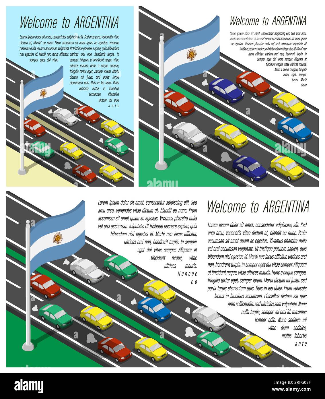 Drapeau isométrique de l'Argentine sur mât battant vent. Traversée de la frontière Argentine en voiture. Ensemble d'informations horizontal, carré Illustration de Vecteur
