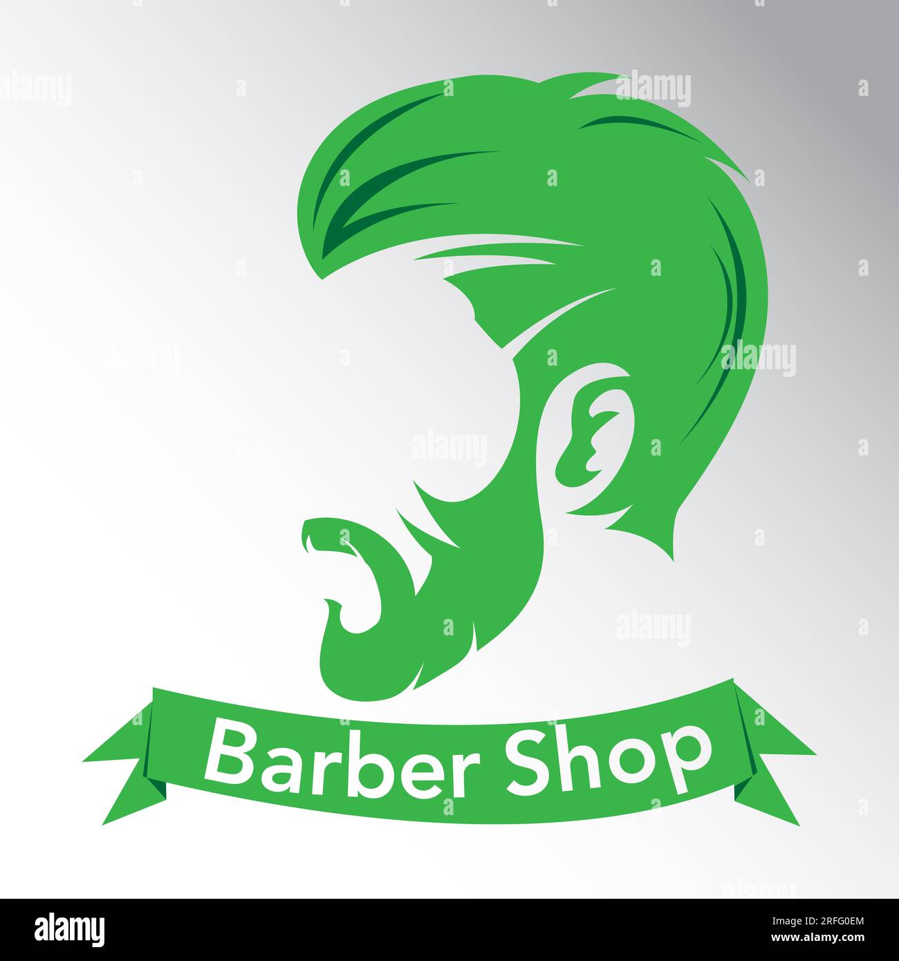 Logo Barber Shop, logo de style minimaliste, logo de couleur verte, tête d'homme avec style hipster, ruban de texte vert, adapté à la mode masculine et aux médias sociaux Banque D'Images