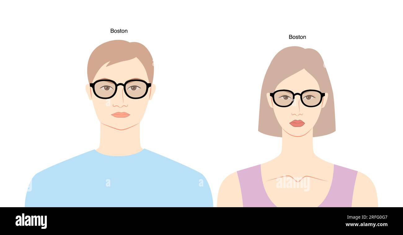 Lunettes de cadre Boston sur les femmes et les hommes illustration d'accessoire de mode de caractère plat. Sunglass vue de face style silhouette, lunettes de jante lunettes avec style de croquis de lentille isolé sur fond blanc Illustration de Vecteur