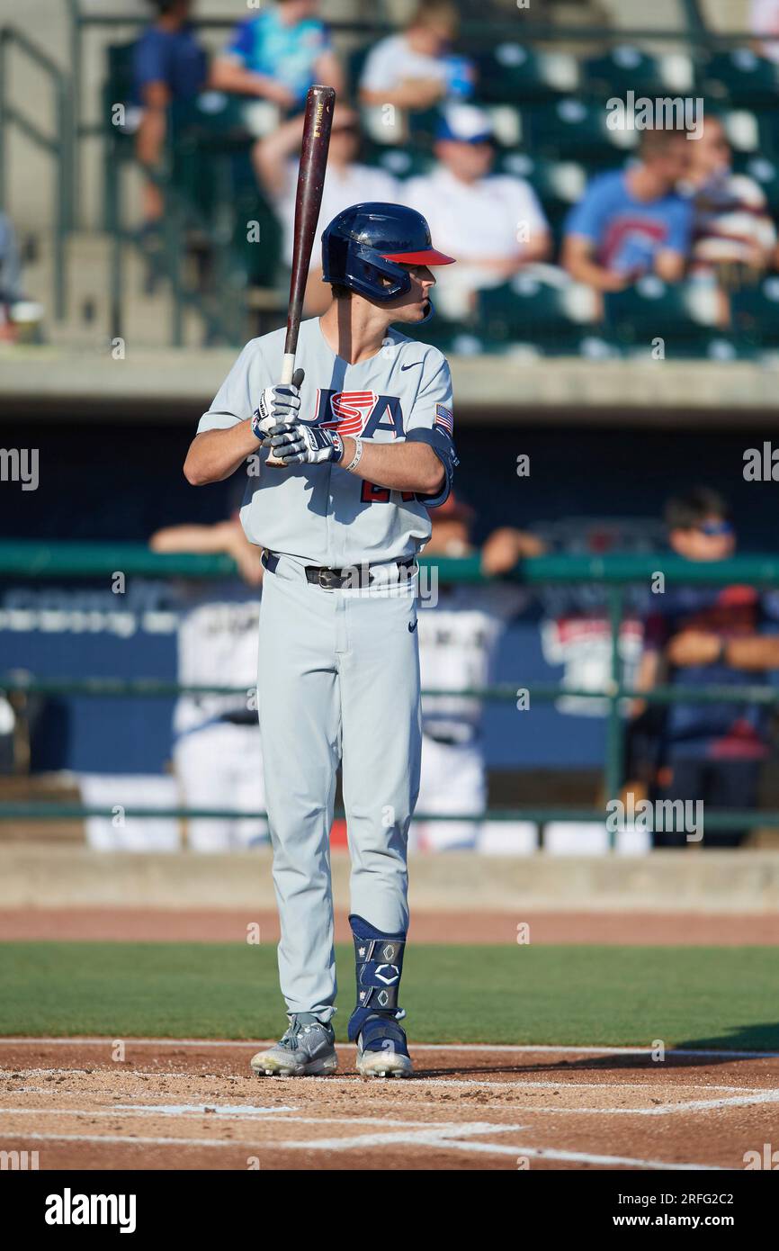 Charlie Condon (24) (Georgia) of the USA Collegiate National Team at bat during the Collegiate All-Star Championship Series against Japan on July 11, 2023 at Joseph P. Riley Park in Charleston, South Carolina. (Tracy Proffitt/Four Seam Images via AP) Banque D'Images