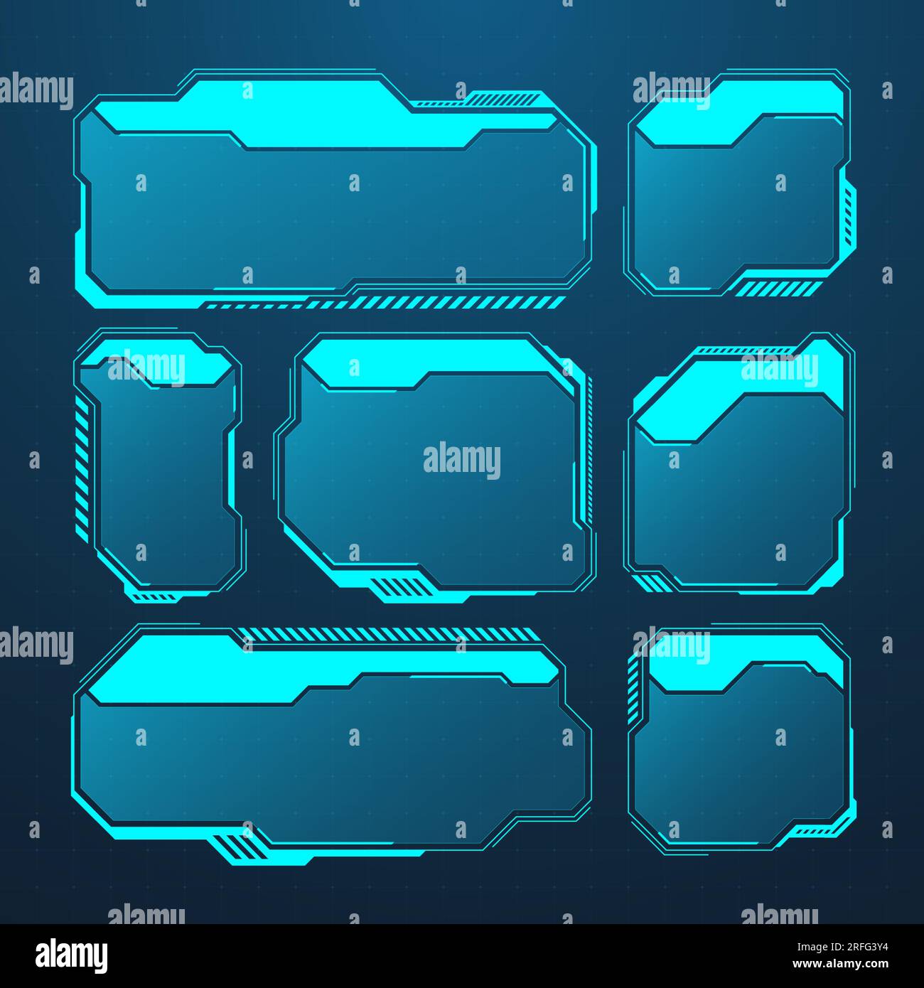 Éléments HUD ou UI futuristes bleus. Zones de texte et légendes de l'interface utilisateur SCI-fi. Cadres de message d'avertissement, modèle de zones d'information. Jeu moderne Illustration de Vecteur
